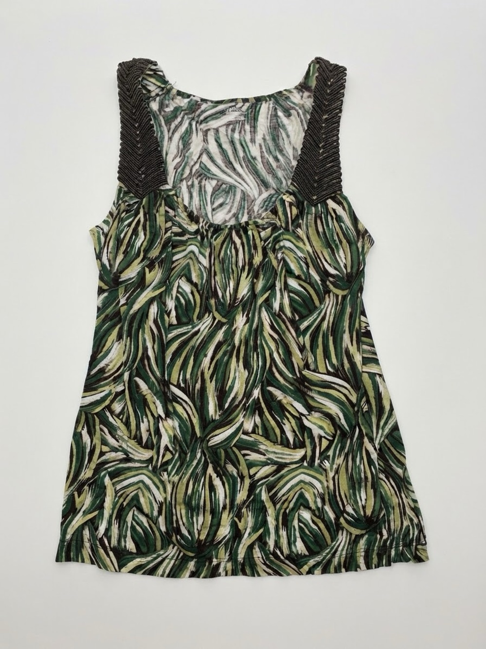 a.n.a. Green Abstract Leaf Beaded Strap Tank Top (Size M)